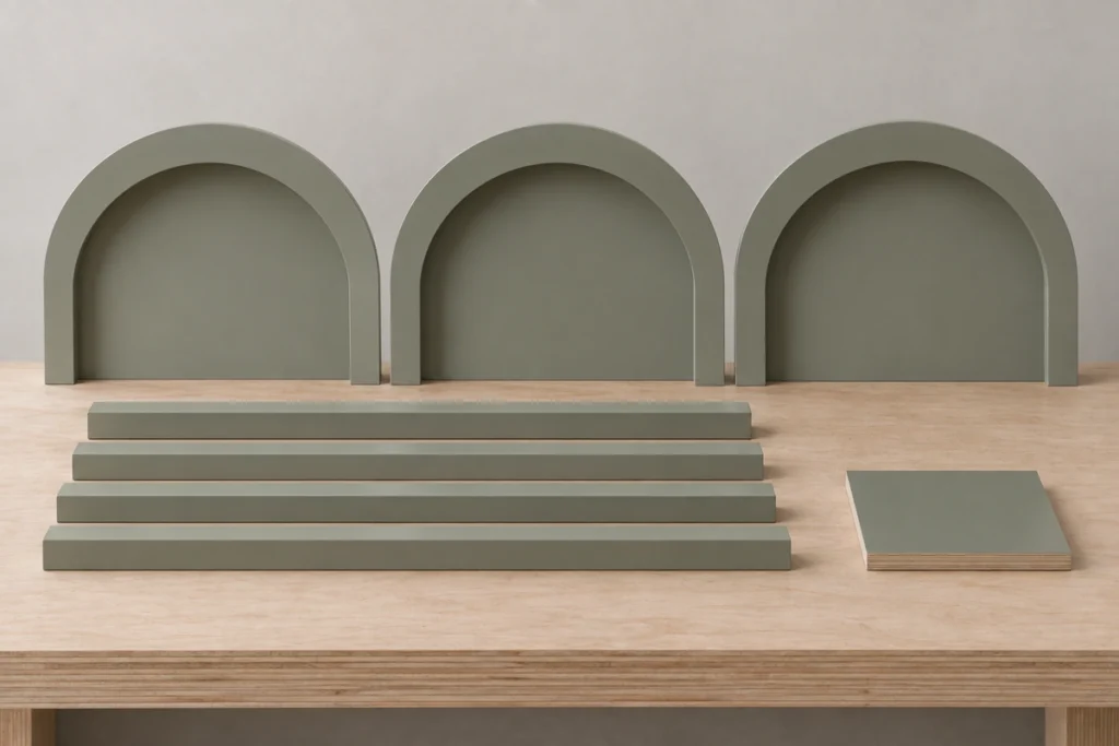 How to Plan and Build an Arched Built-In Bookcase With Display Shelves 7 Muted sage painted bookcase components prepared before final placement