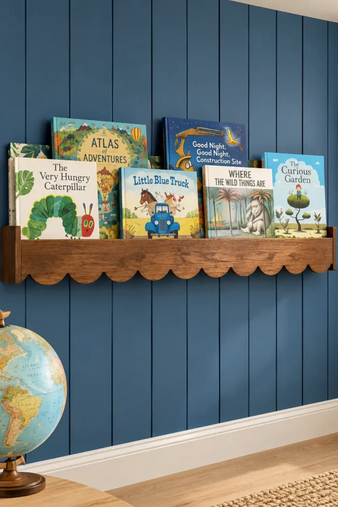 DIY Built-In Bookshelves on a Budget: 7 Practical Ideas for Custom Storage 8 Dark stained floating bookshelf with scalloped trim displaying colorful children’s books against a blue paneled wall.