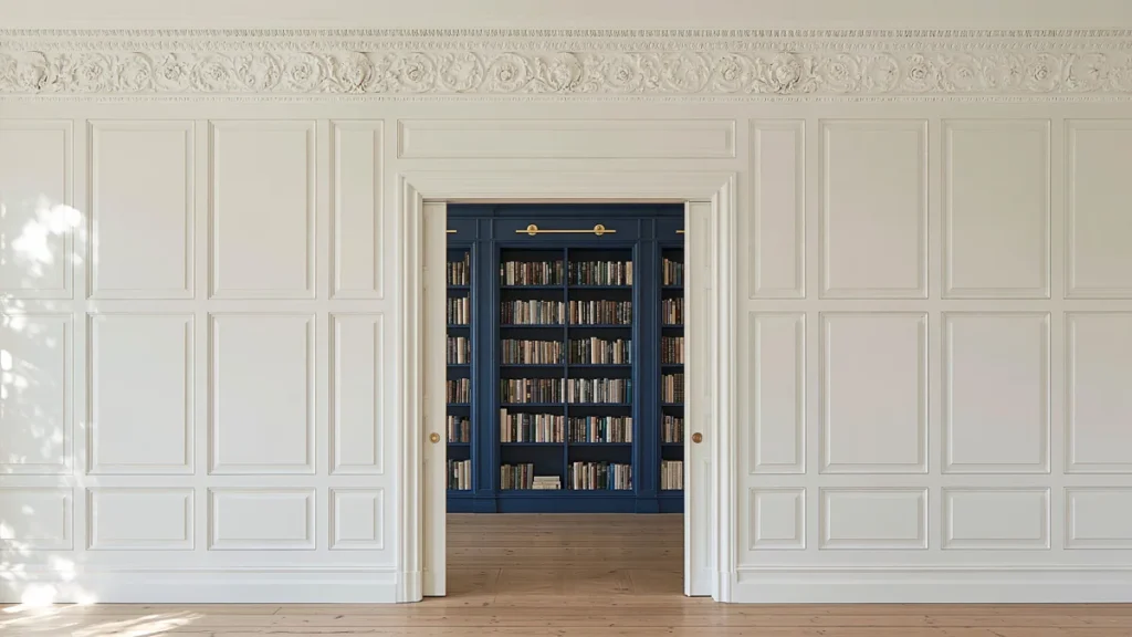 18 Secret Door Ideas That Fit Beautifully Into Your Home 20 Classic white paneled secret door opening into a peacock blue library for an elegant hidden passage.
Secret Door Ideas