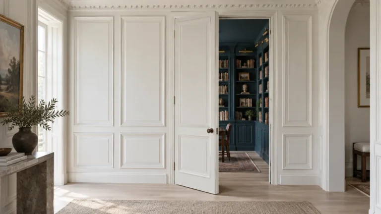 18 Secret Door Ideas That Fit Beautifully Into Your Home 7 White paneled secret door opening from a bright traditional hallway into a peacock blue built-in library.