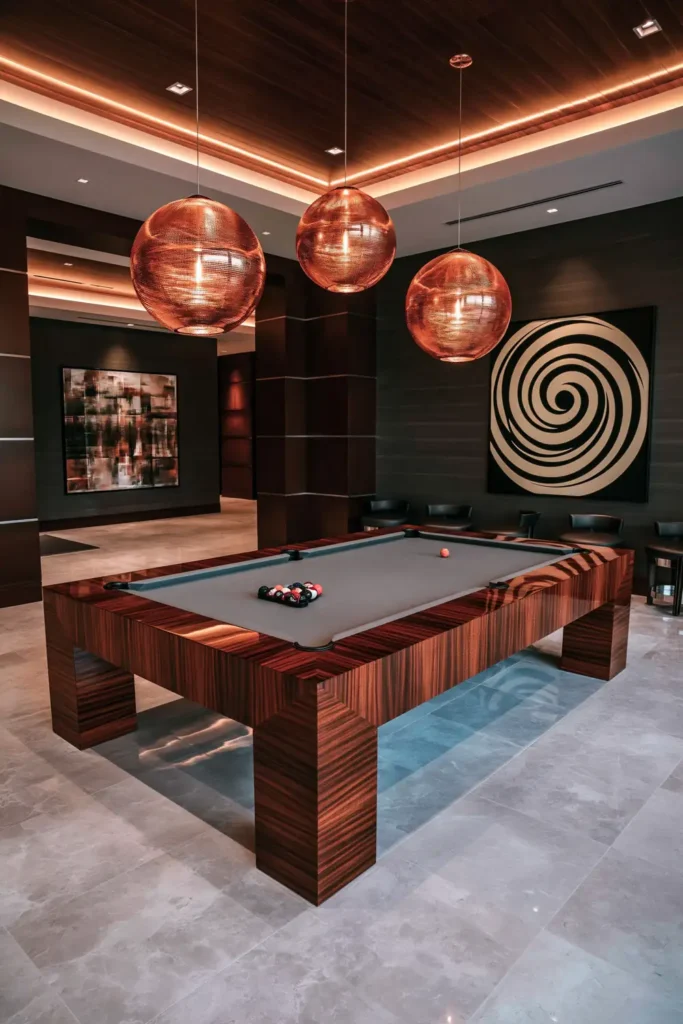 24 Bonus Room Ideas for Designing a Space You’ll Actually Use 17 Dark contemporary billiards room with a sculptural pool table, gray felt, copper-glowing pendant lights, and bold abstract wall art.