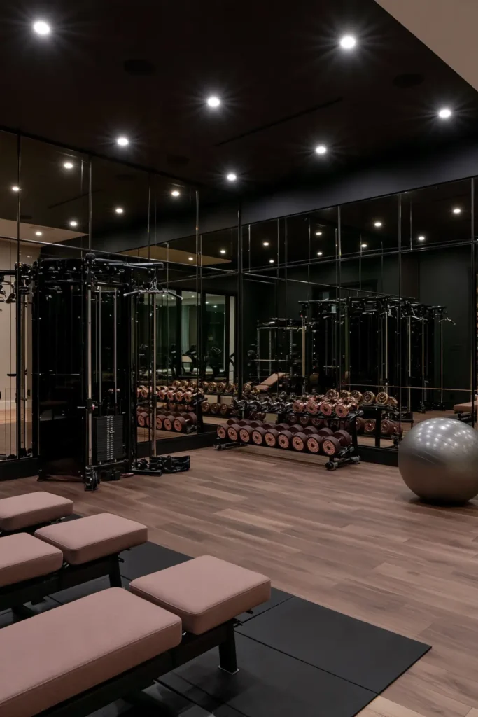 24 Bonus Room Ideas for Designing a Space You’ll Actually Use 3 Dark modern home gym with mirrored walls, dumbbell racks, workout benches, exercise equipment, and recessed ceiling lights.