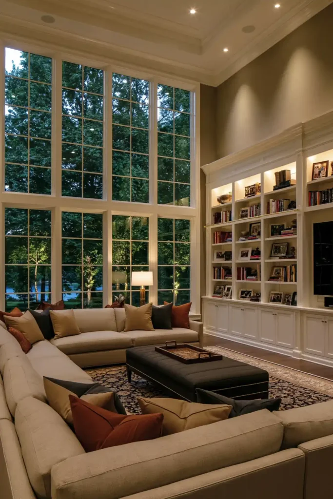 24 Bonus Room Ideas for Designing a Space You’ll Actually Use 8 Airy family lounge with a large beige sectional, rust and charcoal pillows, built-in shelving, and tall windows overlooking green trees.
