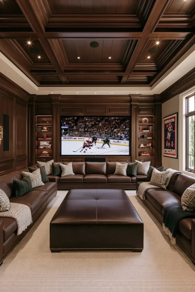 24 Bonus Room Ideas for Designing a Space You’ll Actually Use 23 Dark wood sports den with brown leather sofas, a large television, built-in cabinetry, patterned cushions, and framed sports decor.