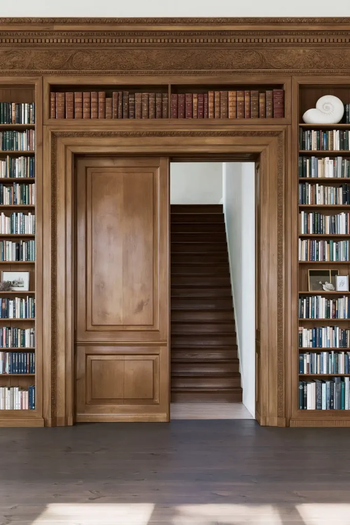 18 Secret Door Ideas That Fit Beautifully Into Your Home 3 Warm stained-wood library bookcase door opening to reveal a dark wooden staircase behind rows of books.