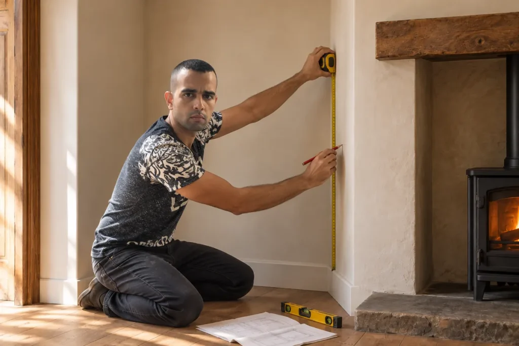 Deep Olive Alcove Shelving Beside a Wood-Burning Stove: A Practical Built-In Project Guide 2 Planning and measuring an alcove beside a wood-burning stove before building shelving.