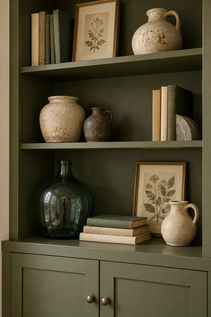Deep Olive Alcove Shelving Beside a Wood-Burning Stove: A Practical Built-In Project Guide 8 Deep olive shelves styled with stoneware, botanical artwork, books, and blue-green glass.