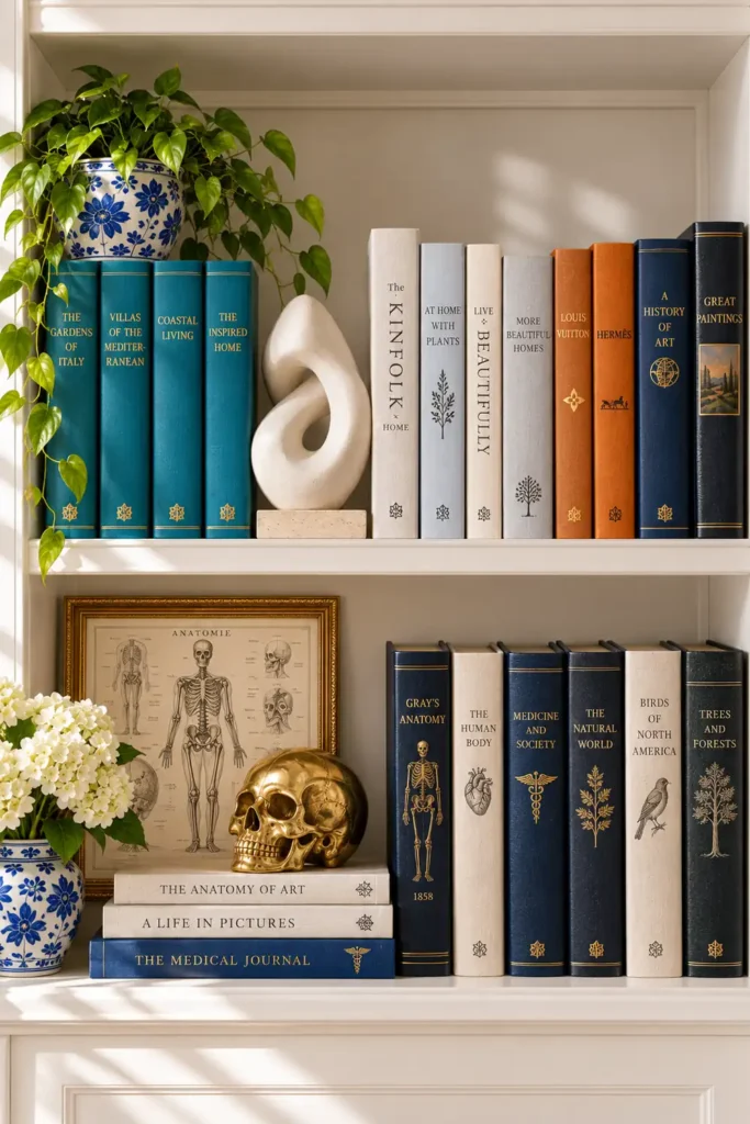 DIY Billy Bookcase Corner Built-In Ideas for a Collected Home Library 6 White library shelves with grouped books, a white ceramic vessel, framed artwork, horizontal book stacks, and a metallic gold skull.