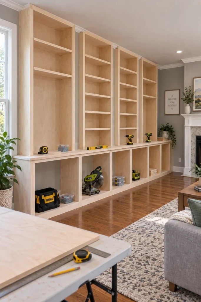 DIY Family Room Built-In Shelves: 5 Practical Design Ideas 3 Symmetrical unfinished plywood bookcases with narrow divider columns, repeated shelving bays, open base cabinets, and a long work surface.