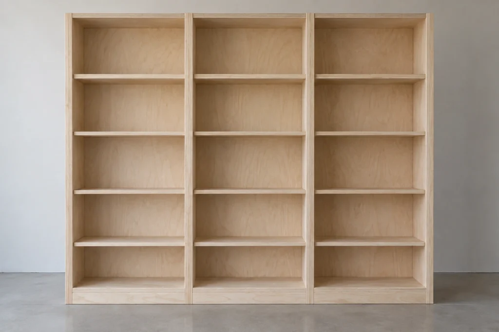 How to Plan and Build an Arched Built-In Bookcase With Display Shelves 5 Three plywood bookcase bays with shelves and backing aligned during assembly