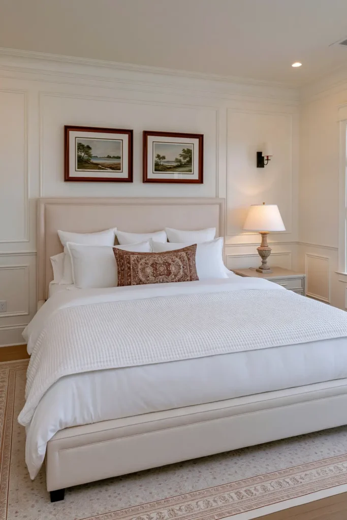 24 Bonus Room Ideas for Designing a Space You’ll Actually Use 15 Neutral guest suite with a beige upholstered headboard, layered white bedding, framed landscapes, cream paneled walls, and soft bedside lighting.