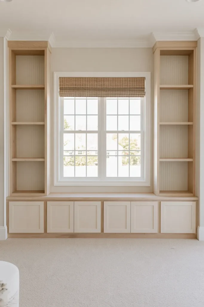 DIY Built-Ins Around Window: 5 Architectural Ideas to Inspire Your Space 4 Unfinished built-in shelving on both sides of a gridded window with grooved backing, lower cabinets, and a woven Roman shade.