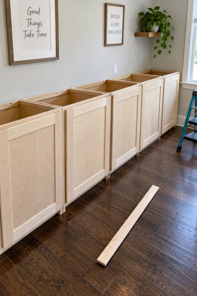 DIY Built-In Bookcases from Stock Cabinets: 8 Custom-Looking Ideas 9 Unfinished light-wood stock cabinets with recessed panel doors lined up on a dark hardwood floor beside a teal-blue step stool.