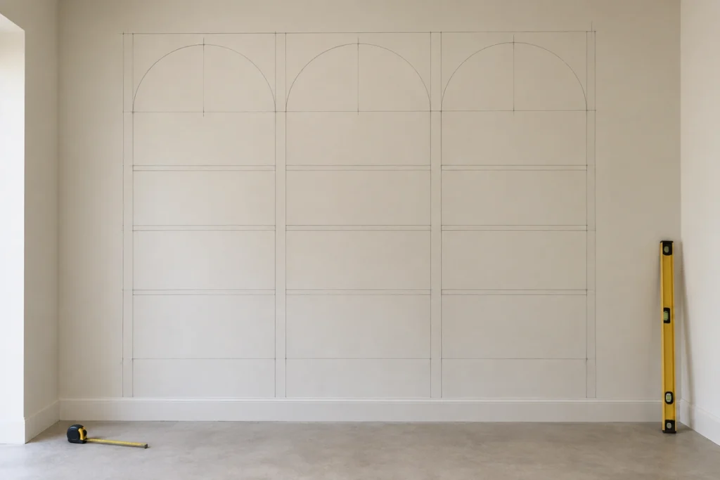 How to Plan and Build an Arched Built-In Bookcase With Display Shelves 2 Wall marked for a three-bay arched bookcase layout before cutting materials