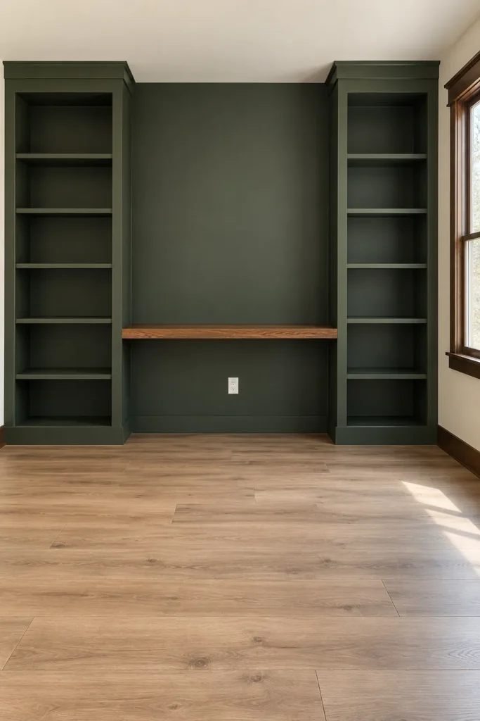 DIY Built-In Bookshelves on a Budget: 7 Practical Ideas for Custom Storage 2 Dark green wall-to-wall built-in bookshelves with a warm stained wood center countertop and light wood flooring.