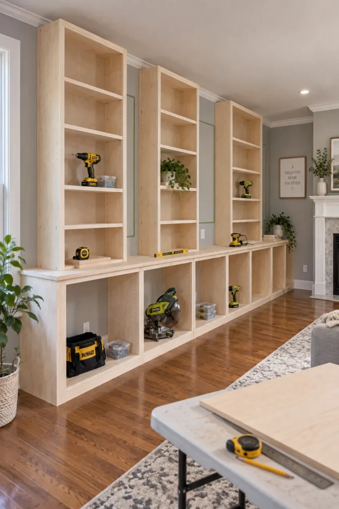 DIY Family Room Built-In Shelves: 5 Practical Design Ideas 2 Wall-to-wall DIY family room built-in shelves with unfinished plywood bookcases, open base cabinets, a pale wood counter, and tools during construction.