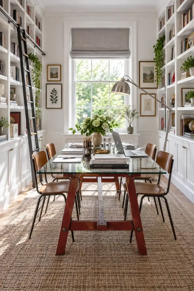 12 Book Storage and Styling Ideas for a Beautiful, Organized Home 6 Bright white home study with wall-to-wall bookshelves, a library ladder, glass worktable, and large central window.
