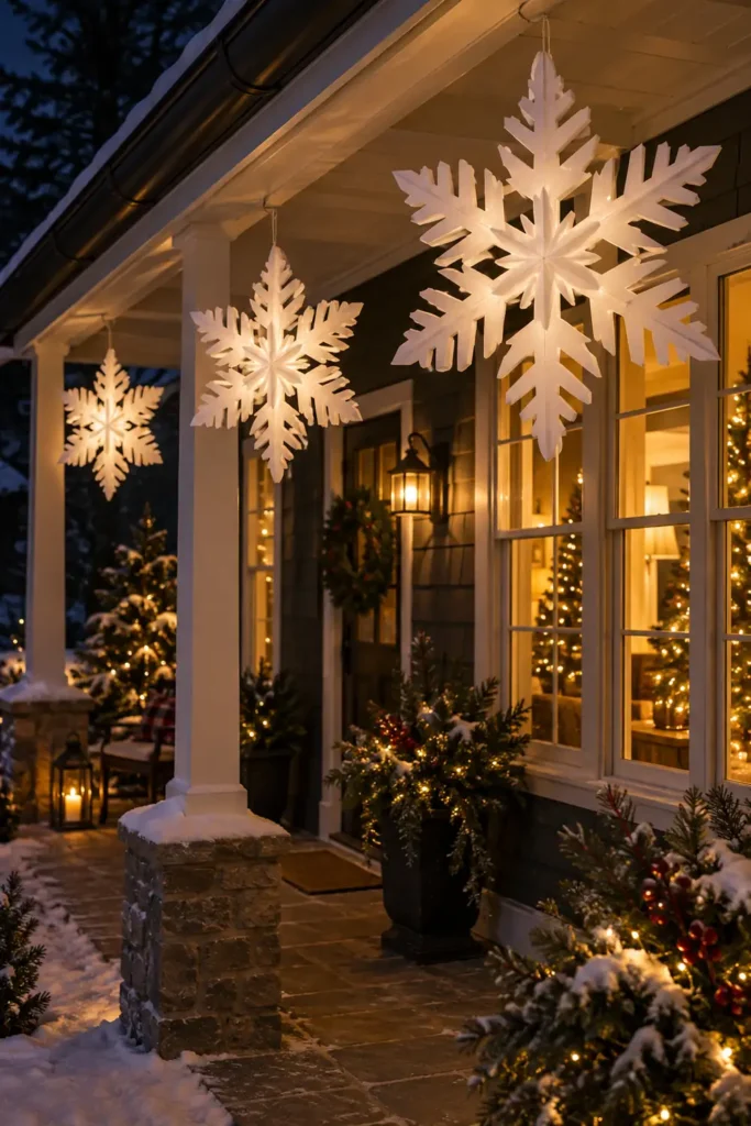 DIY Large Paper Snowflakes Guide: 5 Festive Decorating Ideas 6 Oversized white waterproof paper snowflakes hanging beneath a covered porch with warm holiday lighting.