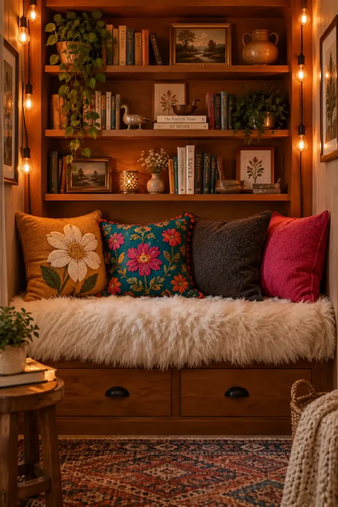 20 Cozy Book Nook Designs for Warm, Inviting Reading Spaces 6 Whimsical built-in reading nook with warm wood shelving, colorful embroidered cushions, a white faux-fur bench cover, and glowing string lights.