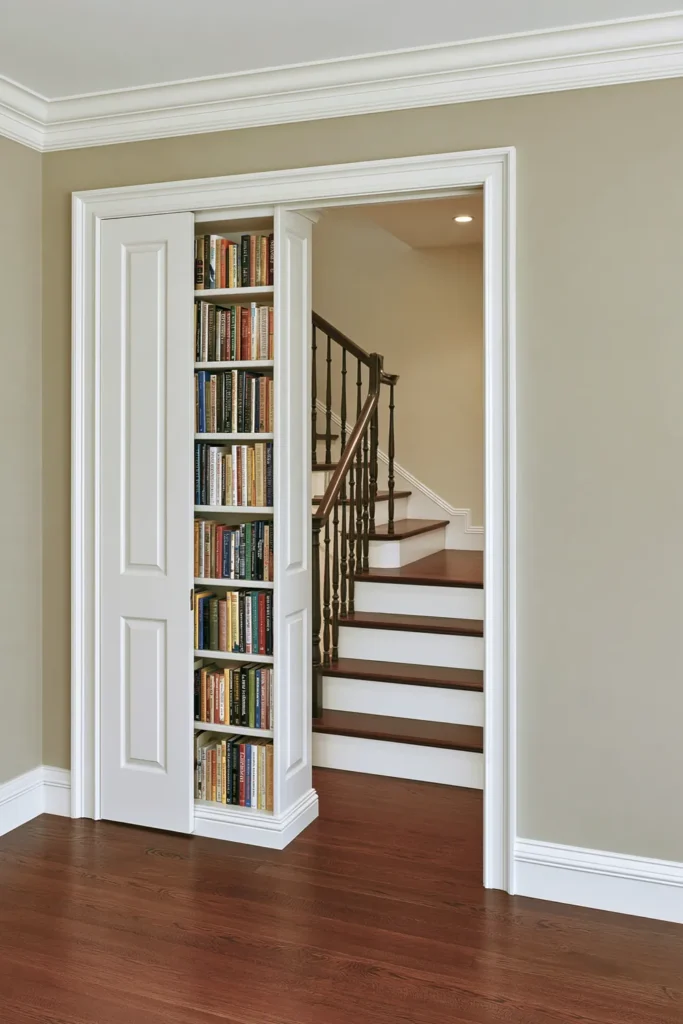 18 Secret Door Ideas That Fit Beautifully Into Your Home 4 White Murphy bookcase secret door opening beside a staircase with dark wood treads and multicolored books.