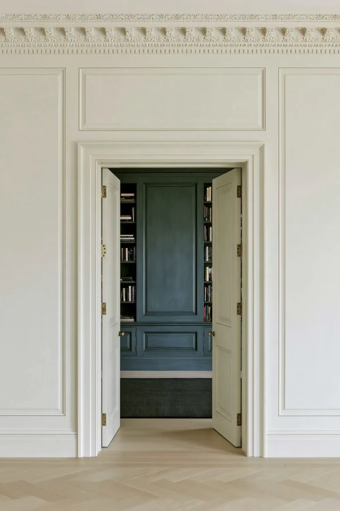 18 Secret Door Ideas That Fit Beautifully Into Your Home 18 White paneled secret door opening from a classical hallway into a saturated peacock blue library with built-in bookshelves.