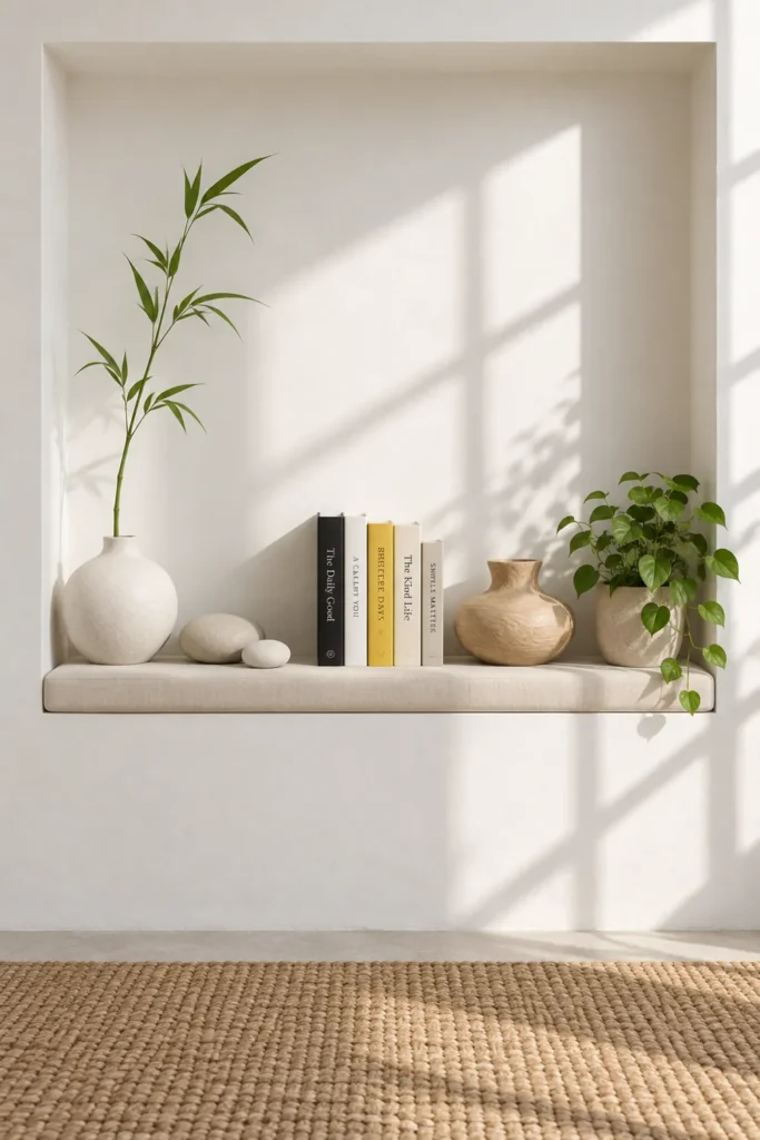 20 Cozy Book Nook Designs for Warm, Inviting Reading Spaces 10 Minimal Zen reading nook with a pale cushioned ledge, bamboo-like stem, smooth stones, books, sculptural vessel, small potted plant, and woven floor mat.