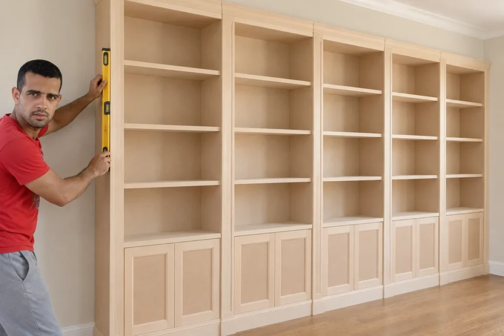 How to Finish a DIY IKEA Billy Bookcase Library Wall as One Cohesive Space 4 Five bookcase bays aligned in a continuous run before trim and teal paint are added