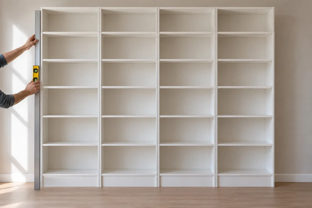 How to Give an IKEA BILLY Bookcase Wall a Built-In Look with Trim and Teal Paint 7 Four open bookcases aligned side by side before face trim and crown are fitted