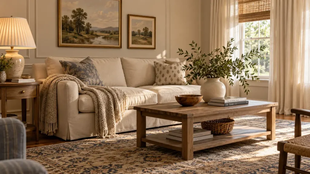 10 Decorating Mistakes That Make Your Home Look Cheap (And How to Fix Them) 12 Warm and inviting neutral living room featuring properly arranged furniture, a large woven rug, natural wood accents, curated shelves, and soft layered lighting.
Decorating Mistakes That Make Your Home Look Cheap