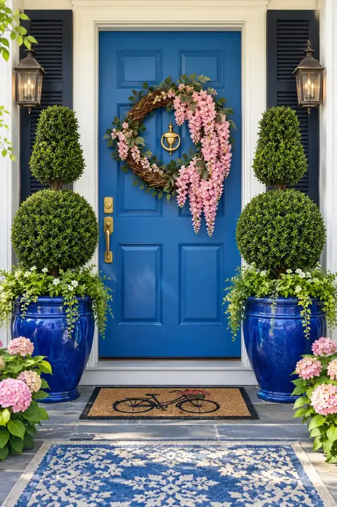 Faux Wisteria Vine Entryway Decor Ideas for a Charming Entrance 6 Tall sculpted boxwood topiaries in glossy cobalt-blue planters beside a bright blue front door with dark navy shutters.