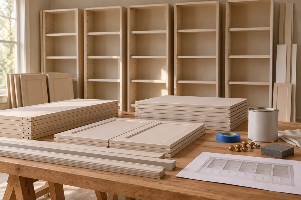 How to Finish a DIY IKEA Billy Bookcase Library Wall as One Cohesive Space 3 Bookcase panels, lower doors, trim boards, brass knobs, and primer prepared for a painted library wall project