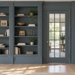 Smoky blue built-in bookshelves around a glass-paneled interior door with pale wood flooring and bright natural light.