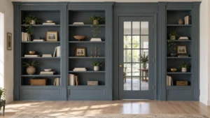Smoky blue built-in bookshelves around a glass-paneled interior door with pale wood flooring and bright natural light.