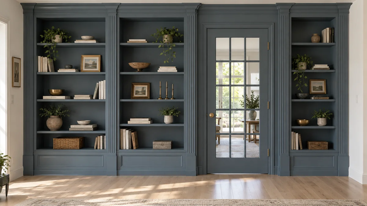 Bookshelf Paint Color Ideas: Dark Wood and Smoky Blue Built-Ins 1 Smoky blue built-in bookshelves around a glass-paneled interior door with pale wood flooring and bright natural light.