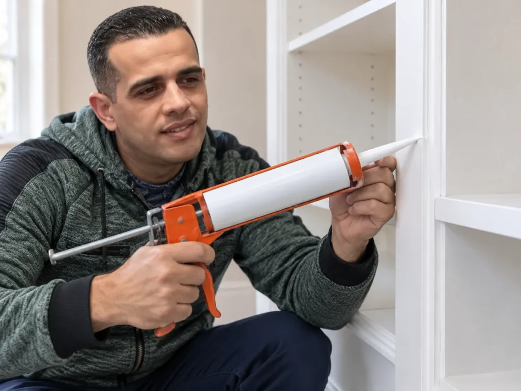 How to Give an IKEA BILLY Bookcase Wall a Built-In Look with Trim and Teal Paint 12 Mohammed Ayyad applying a narrow bead of paintable caulk along a fitted trim joint