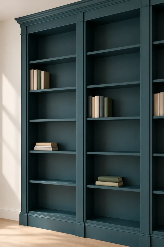 How to Give an IKEA BILLY Bookcase Wall a Built-In Look with Trim and Teal Paint 15 Close view of teal bookcase trim and lightly styled shelves during a final visual check