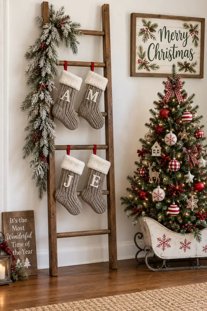 DIY wooden blanket ladder displaying four gray Christmas stockings with white cuffs beside a red-and-white decorated Christmas tree.
