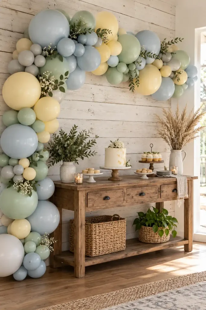 9 DIY Balloon Arch Party Decor Ideas for Every Celebration 2 Pastel blue, mint, yellow, and gray DIY balloon arch above a rustic wooden dessert table with greenery, a white cake, and woven baskets.