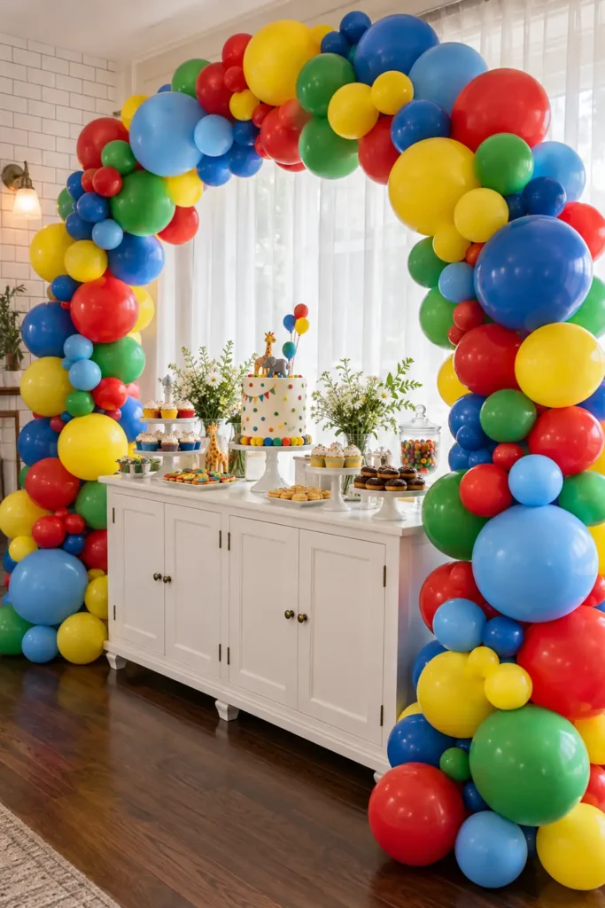 9 DIY Balloon Arch Party Decor Ideas for Every Celebration 3 Colorful red, yellow, green, and blue balloon arch framing a white dessert table with a celebration cake, cupcakes, and pastries.