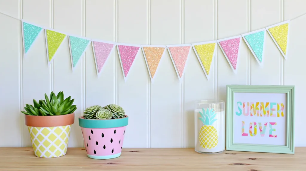 Colorful handmade summer decor featuring a pastel snow cone garland, fruit-painted succulent planters, a pineapple glass candle, and framed Summer Love artwork.