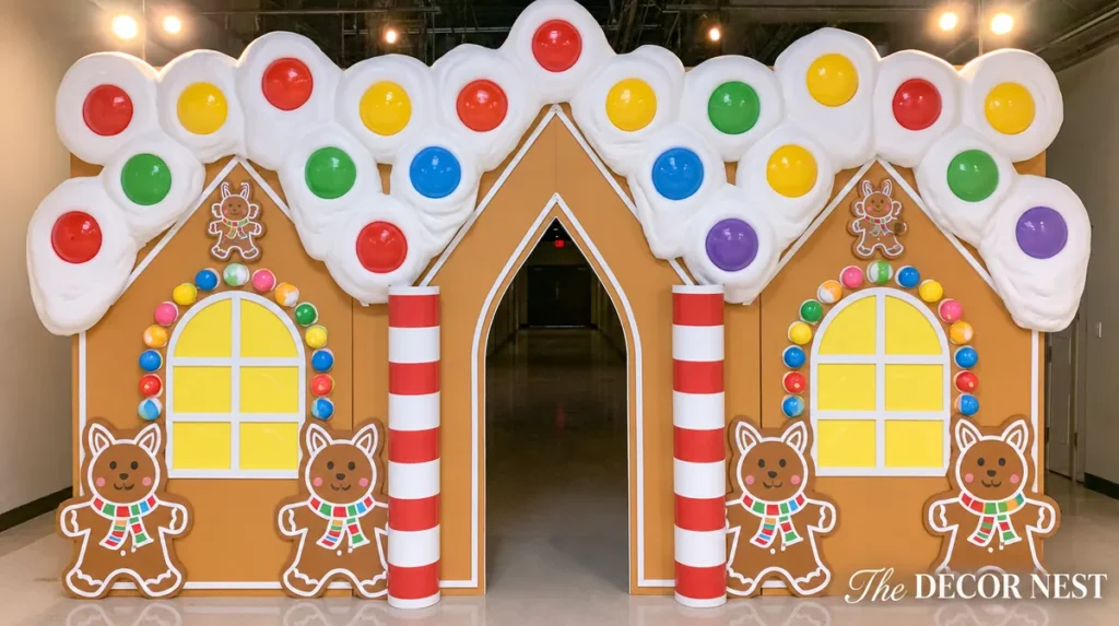 DIY Life-Sized Gingerbread House Outdoor Decor
Completed life-sized gingerbread house display with a snowy white roof, colorful gumballs, peppermint columns, yellow windows, and oversized gingerbread cookies around a dark arched entrance.