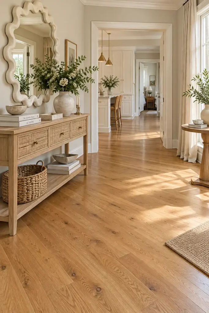 10 Decorating Mistakes That Make Your Home Look Cheap (And How to Fix Them) 7 Bright hallway with continuous oak hardwood flooring, a pale wooden console table, scalloped white mirror, and neutral decor connecting adjoining rooms.