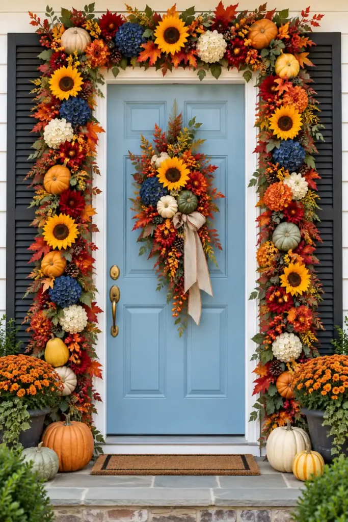 5 Fall Front Door Decor Ideas for a Warm and Welcoming Entry 3 Pale blue front door with a colorful fall floral swag and dense frame of autumn flowers, leaves, pumpkins, gourds, and berries.