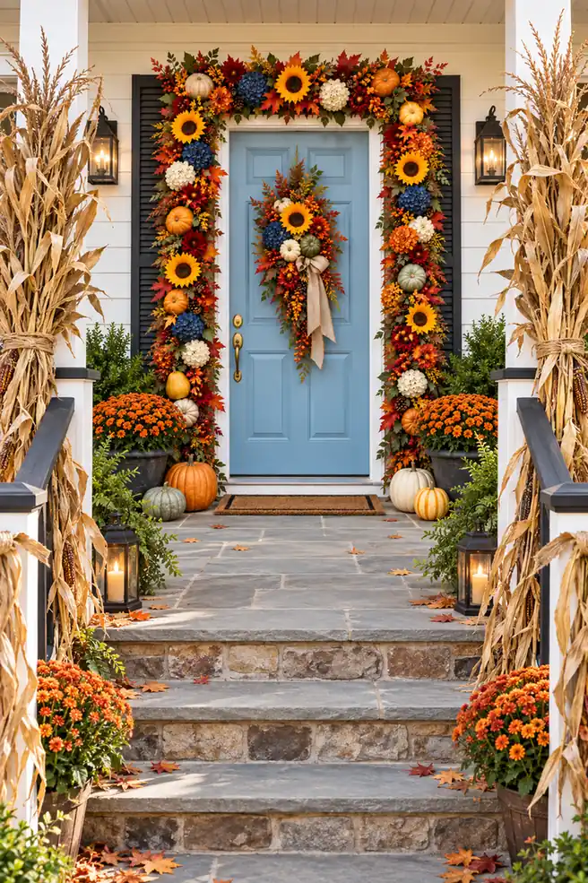 5 Fall Front Door Decor Ideas for a Warm and Welcoming Entry 4 Bundled dried corn stalks decorating porch railings beside a pale blue front door for a rustic fall entry.