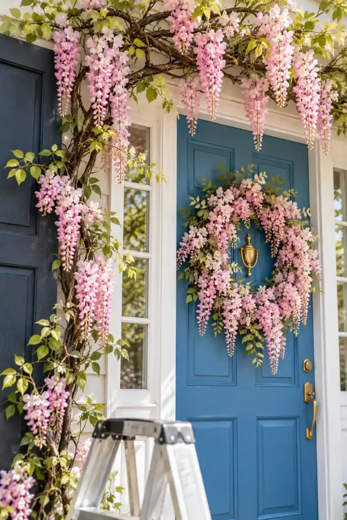 Faux Wisteria Vine Entryway Decor Ideas for a Charming Entrance 2 Pink faux wisteria vines on dark brown branches framing a bright blue front door with a pink floral wreath and navy shutter.