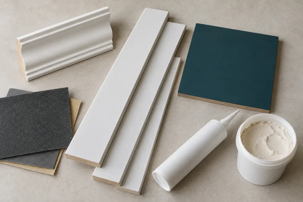 How to Give an IKEA BILLY Bookcase Wall a Built-In Look with Trim and Teal Paint 6 Primed crown and face trim beside a teal sample and seam-preparation materials