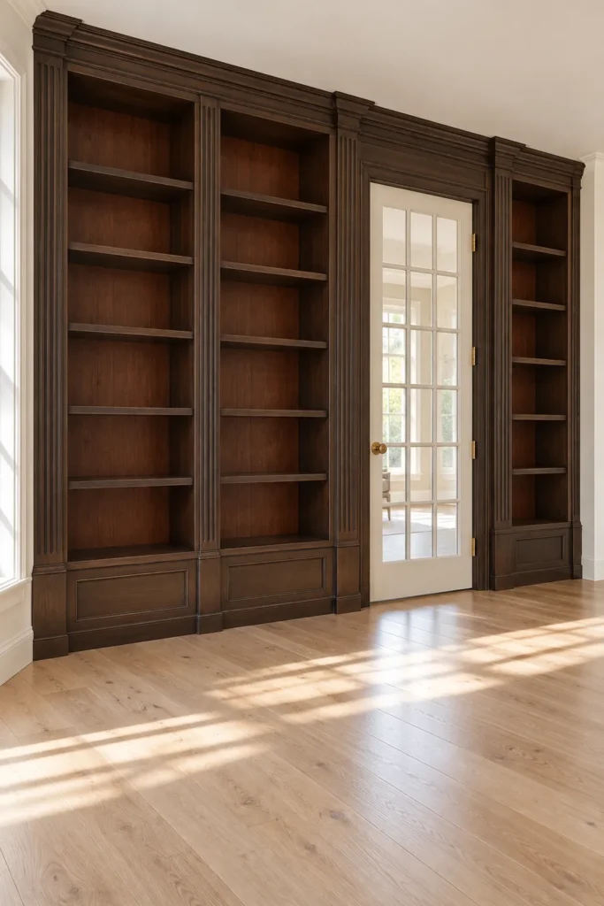 Bookshelf Paint Color Ideas: Dark Wood and Smoky Blue Built-Ins 2 Dark brown stained built-in bookshelves surrounding a white multi-pane glass door with pale wood flooring.