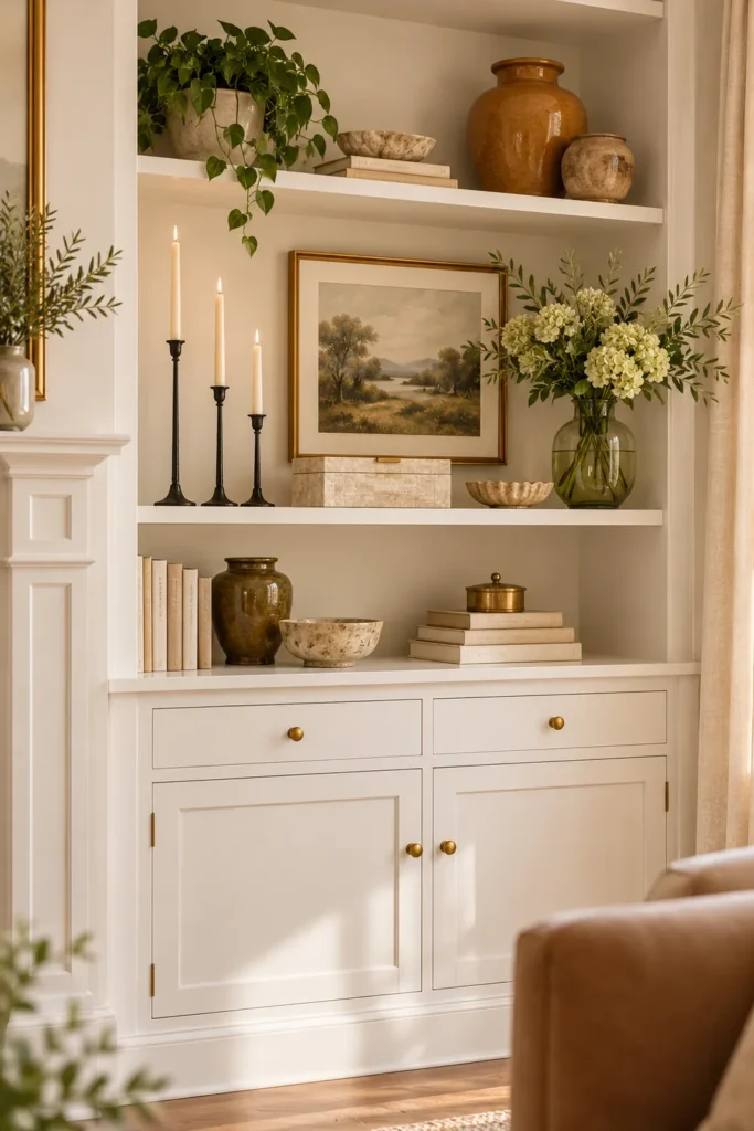 10 Decorating Mistakes That Make Your Home Look Cheap (And How to Fix Them) 2 White built-in living room shelves decorated with black iron candlesticks, ceramic vases, greenery, and brass cabinet hardware for a balanced, uncluttered look.