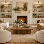 Elegant living room with neutral sofas, boucle chairs, a large patterned rug, curated fireplace shelves, warm oak floors, and layered lighting.