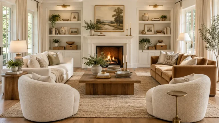 Elegant living room with neutral sofas, boucle chairs, a large patterned rug, curated fireplace shelves, warm oak floors, and layered lighting.